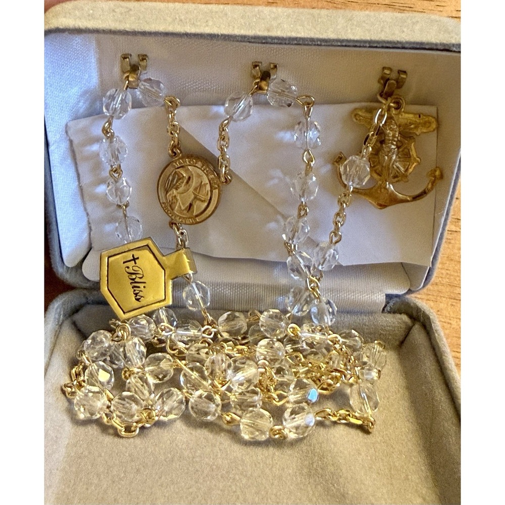 Stella Maris Miraculous Mary Gold Plated Crystal Rosary Anchor Crucifix New Rare